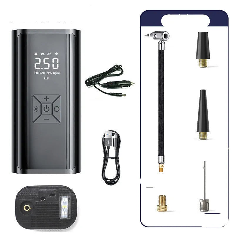 Portable wireless digital display electric car tyre pump with LED light on a black ABS and metal body.