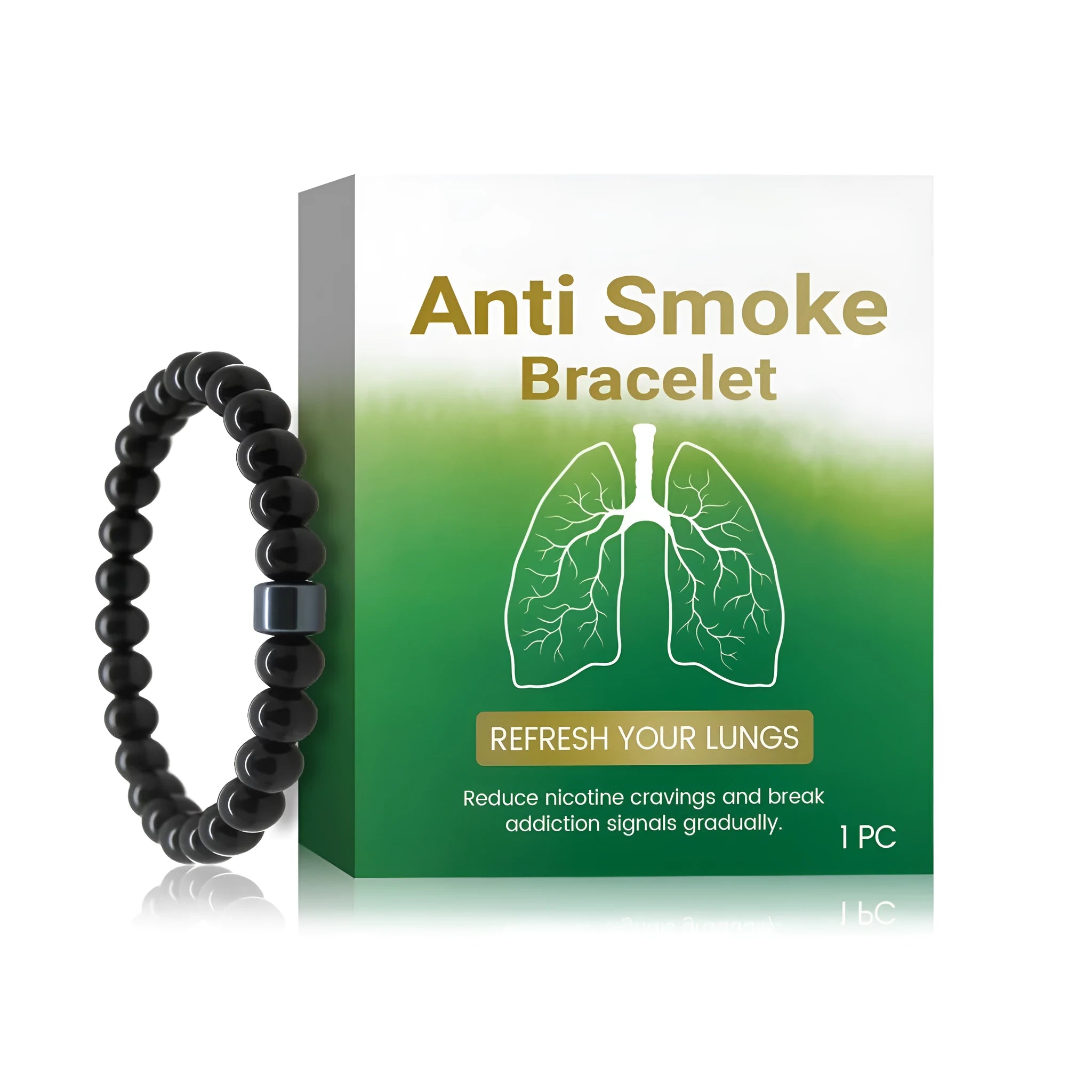 Men's bracelet with alternating glass and black gallstone beads on a wrist.