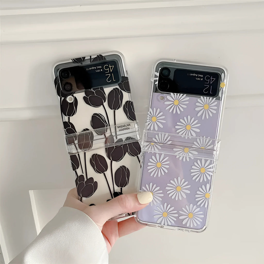 Samsung Galaxy Z Flip phone case with floral pattern in daisy or tulip colours