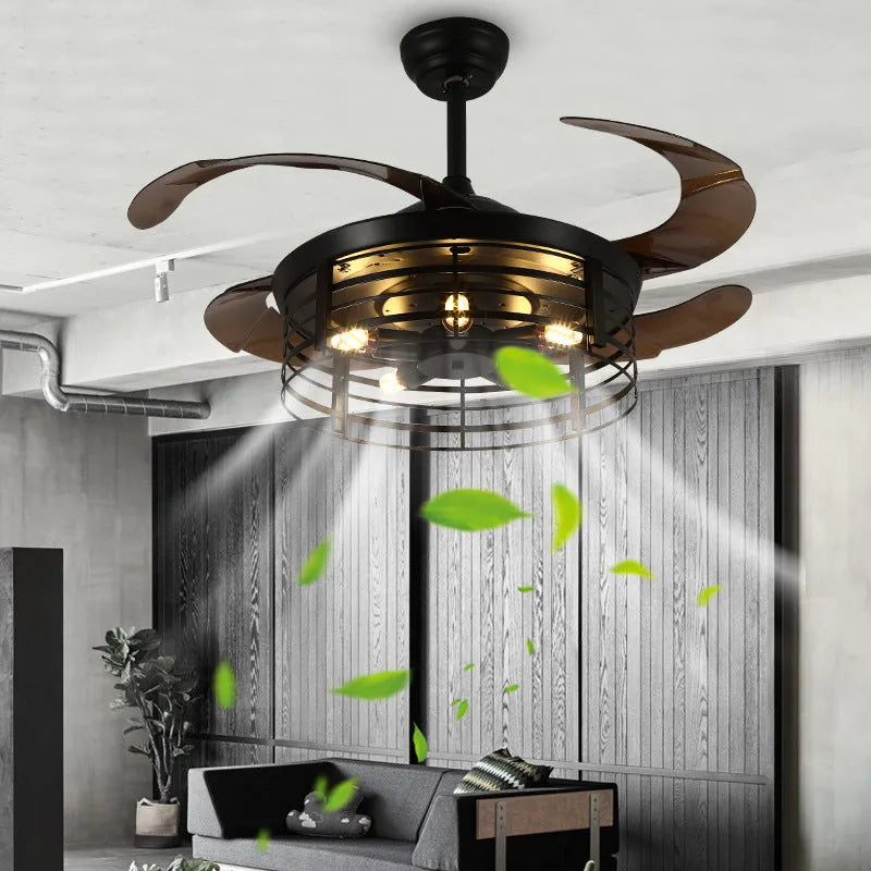 American retro style ceiling fan with integrated light and acrylic blades, shown with remote control.