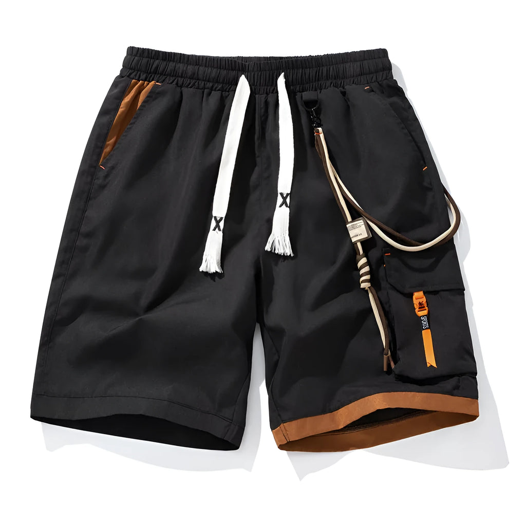 Men's plus size loose sports shorts in black, blue, coffee, and white featuring high waist and bamboo fiber fabric.