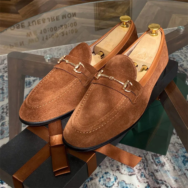 Men's soft structure suede horsebit slip-on shoes in dark brown with one-pedal design