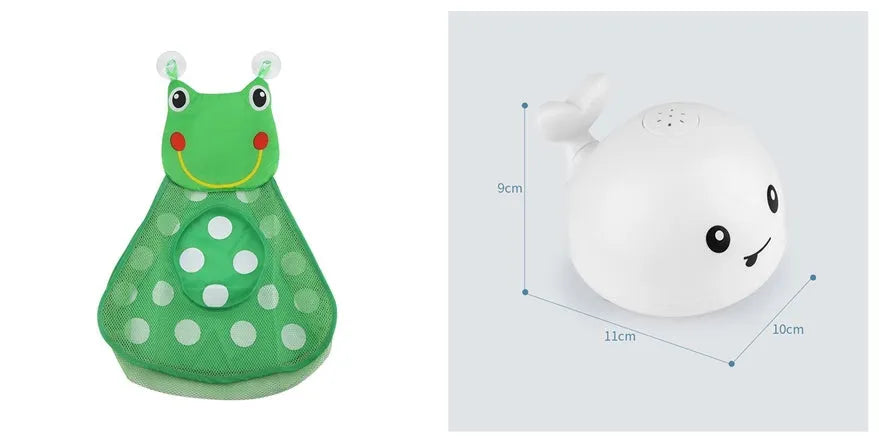 Whale-shaped electric bath toy spraying water with flashing lights, on a blue base.