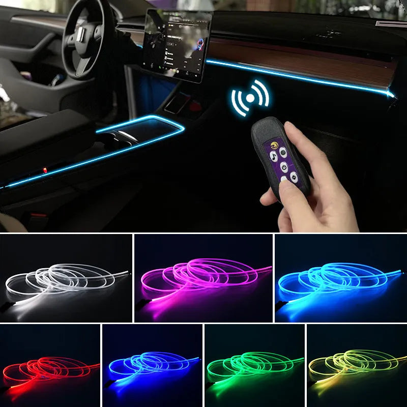 Car interior USB LED atmosphere light with colour-changing function installed along centre console