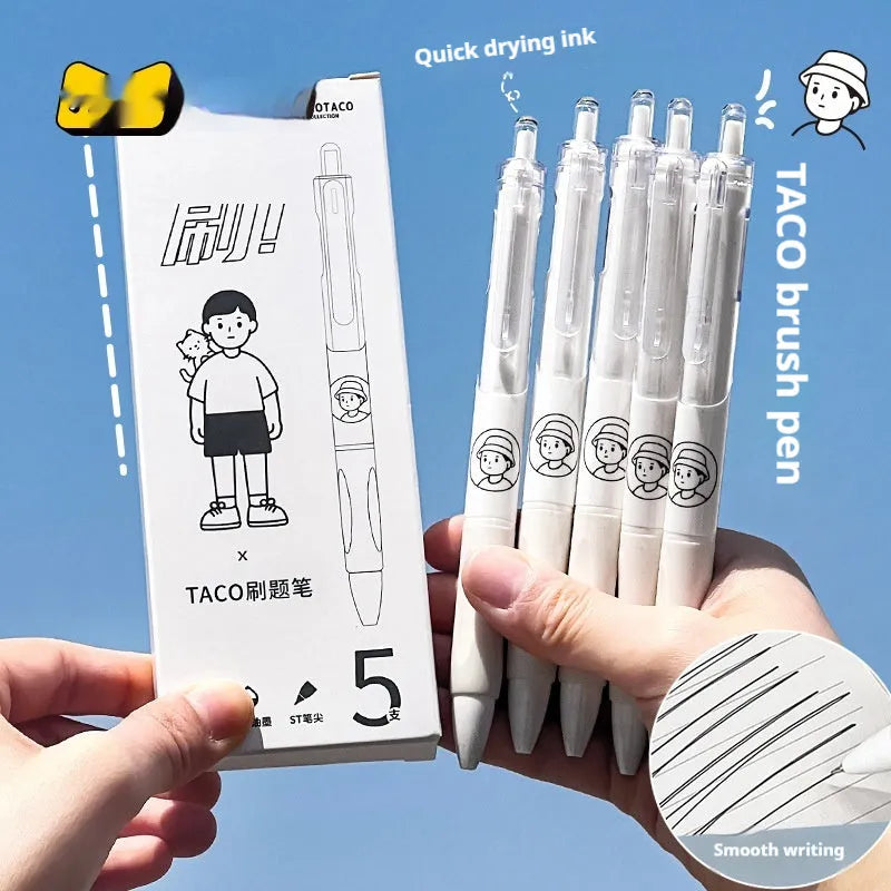 Five black 0.5mm ballpoint pens with plastic shells for student and office use