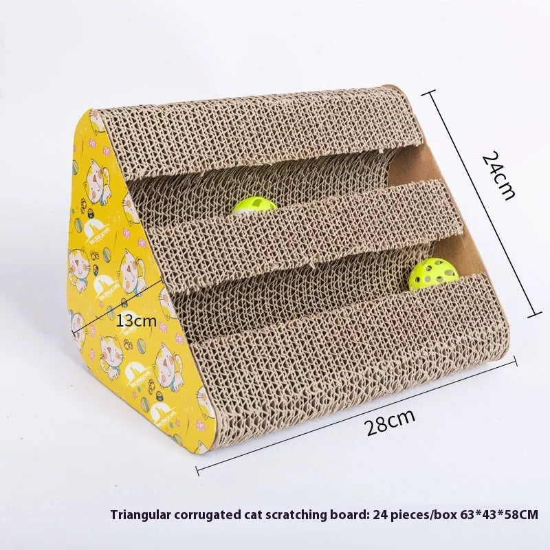 Corrugated paper cat scratch board showing bone-type, M-type, and trapezoid shape options