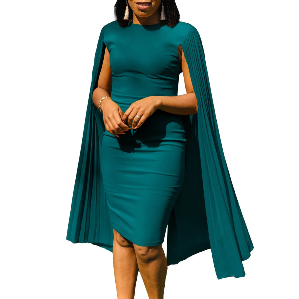 Women's yellow long sleeve evening gown with a pleated shawl collar and high waist design