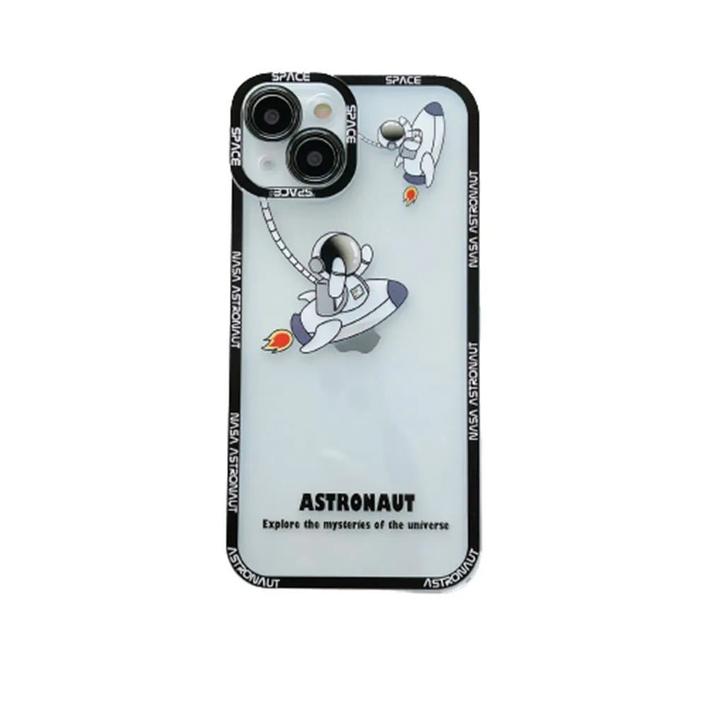 Transparent silicone iPhone case with blue astronaut print showing phone compatibility