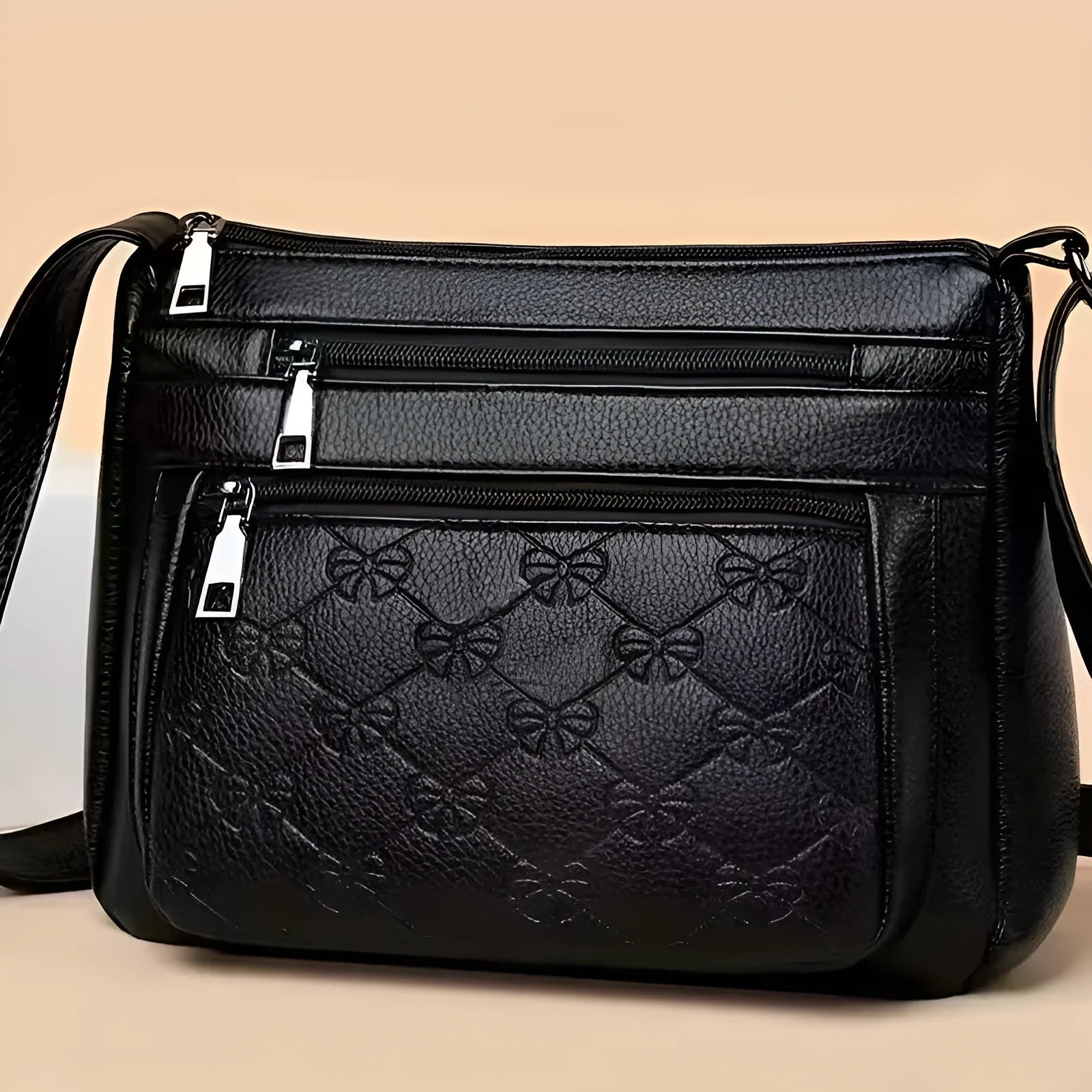 Butterfly black women's crossbody messenger bag with embossing details and horizontal square shape