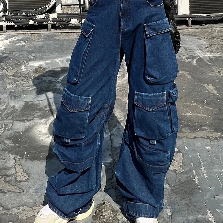 Dark blue distressed wide-leg women's jeans with high waist and multiple pockets in workwear style
