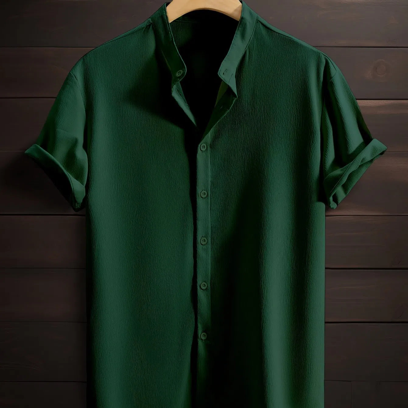 Men's casual solid colour polyester stand collar short sleeve loose fit shirt in khaki