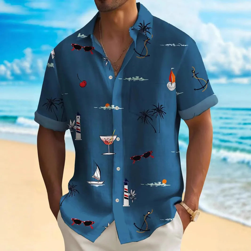 Men's loose fit short sleeve Hawaiian shirt with a colourful digital print pattern on polyester fabric.