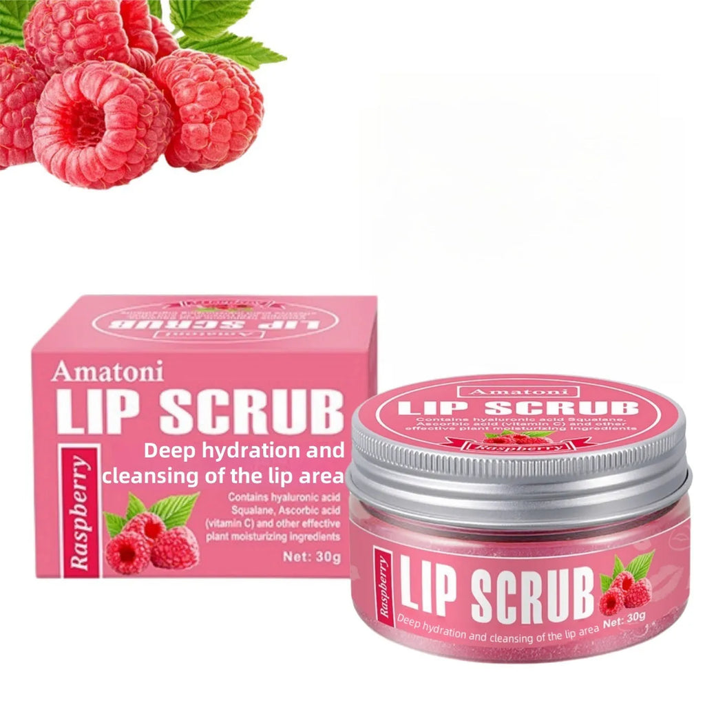 Amatoni fruit flavour lip scrub cream pot in 30g size with coconut, raspberry, vanilla, or watermelon options