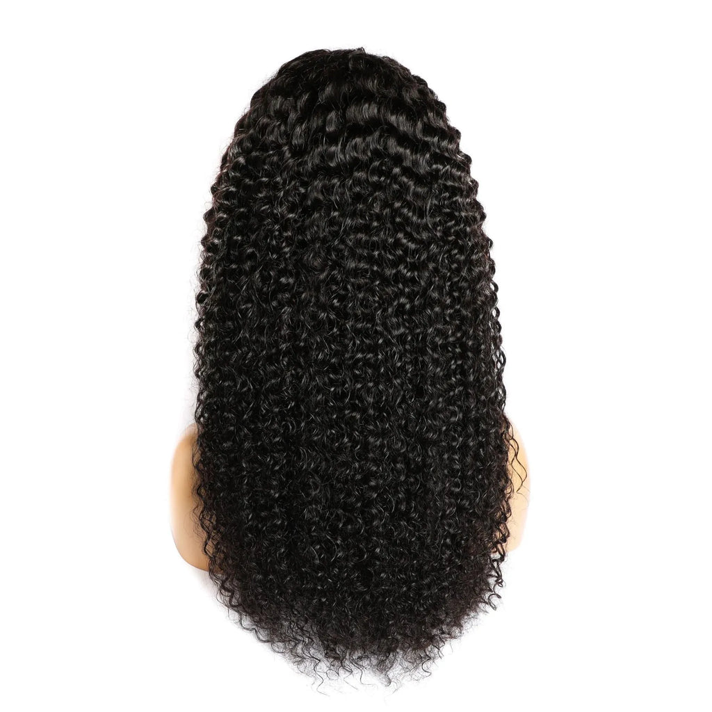 Curly human hair lace front wig on a stand, showing 13x4 lace and long length.