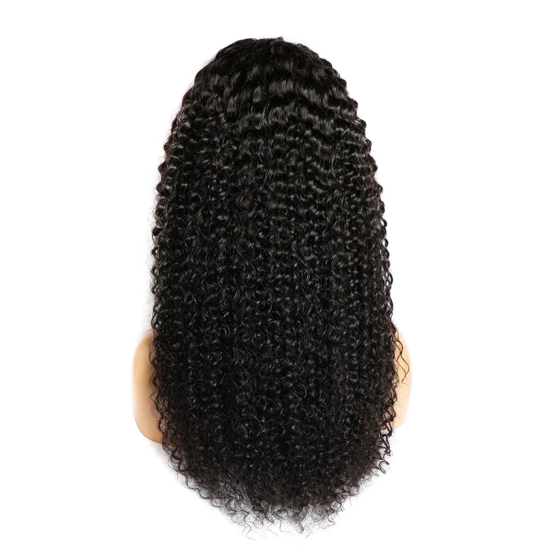 Curly human hair lace front wig on a stand, showing 13x4 lace and long length.