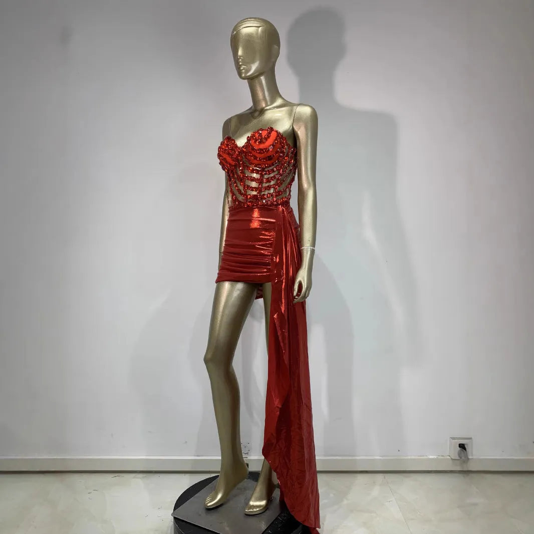 Red spandex stage costume skirt suit with mesh see-through panels for banquet performances
