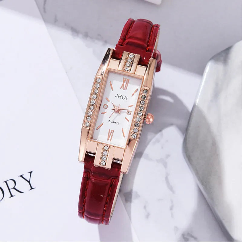 Women's rectangular quartz watch with small diamond on red PU strap, alloy case