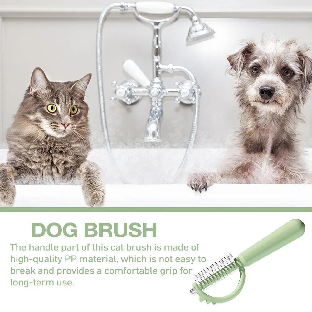 Blue dinosaur-shaped cat brush with stainless steel bristles and self-cleaning button