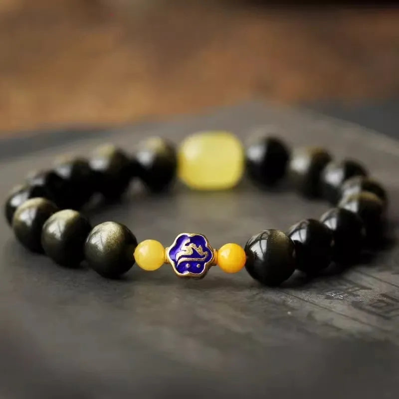 Natural golden obsidian ethnic style bracelet with 10mm geometric beads