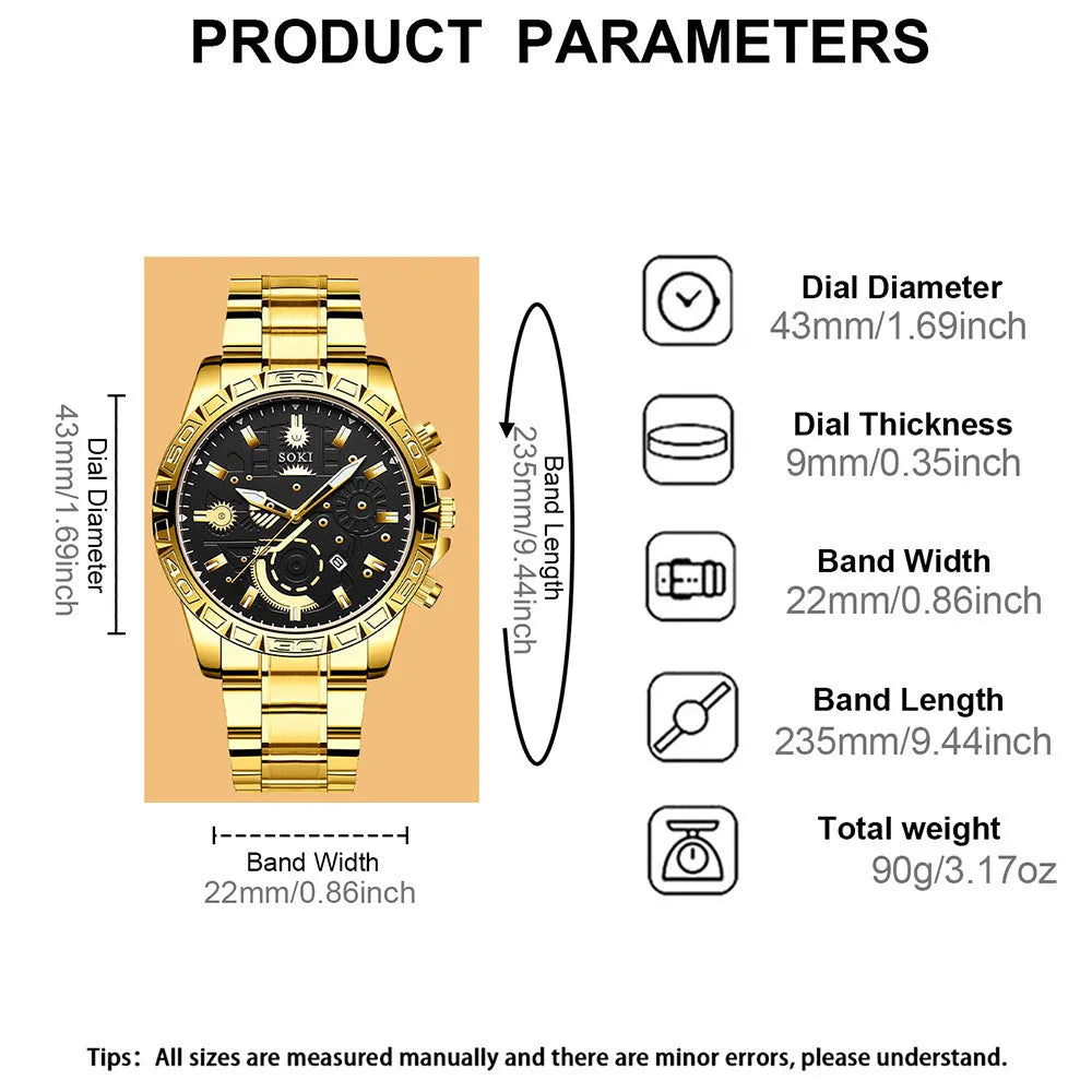 Men's gold stainless steel business quartz watch with date display and steel strap