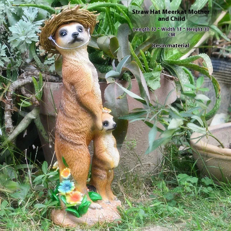 Straw hat mongoose garden ornament crafted from synthetic resin in three colour variations