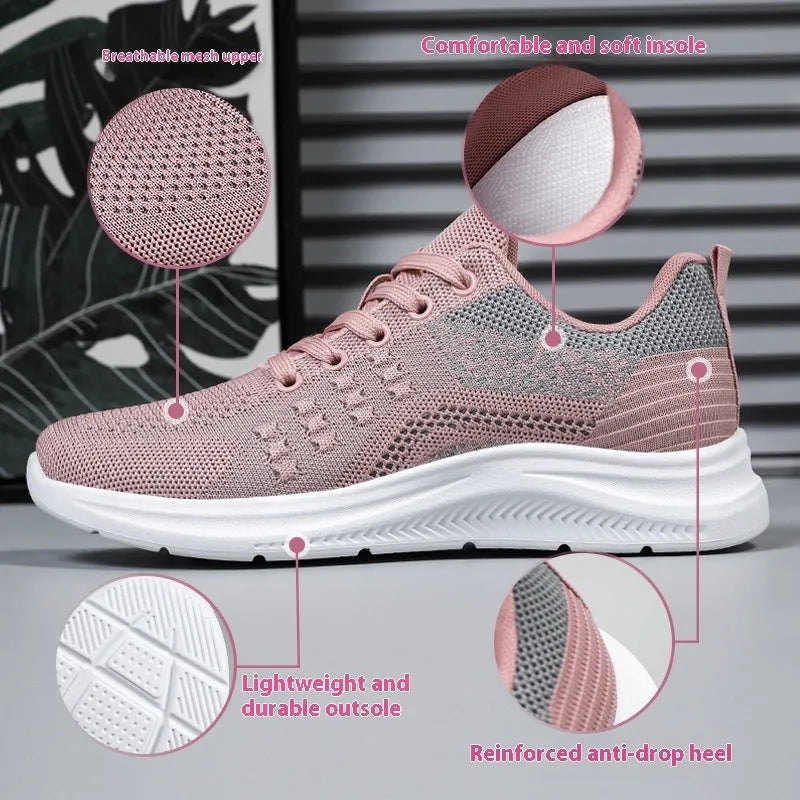 Women's low-top black mesh sneakers with round toe and white PVC sole, shown with lace-up front.