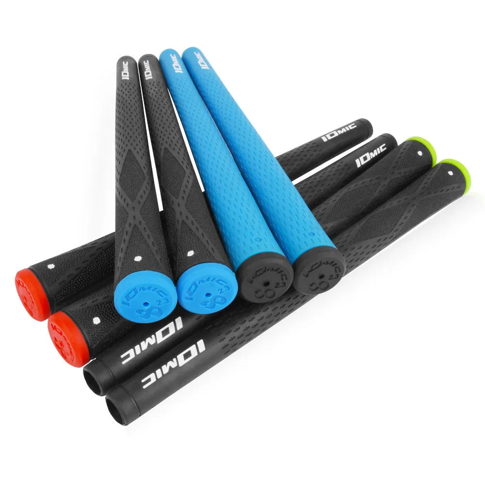 TPE material golf club grip showing colour options including solid colours and black with red, green, or blue accent heads