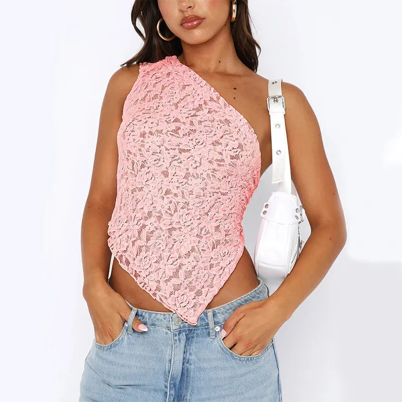 Women's lace backless sleeveless vest with asymmetrical sloped neck in solid colour Polyester fabric