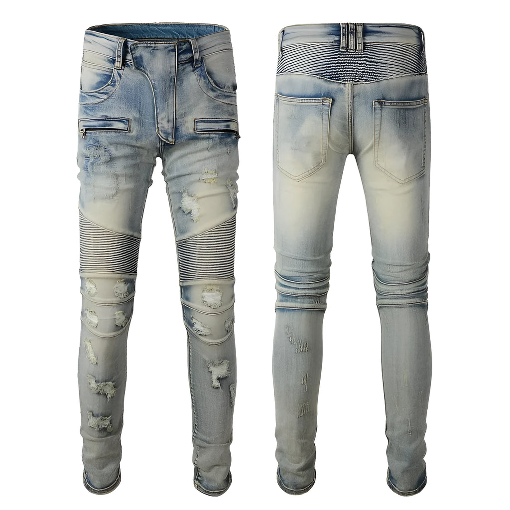 Men's light blue slim fit distressed jeans with hand-frayed details on a mid-waist, straight leg cut.