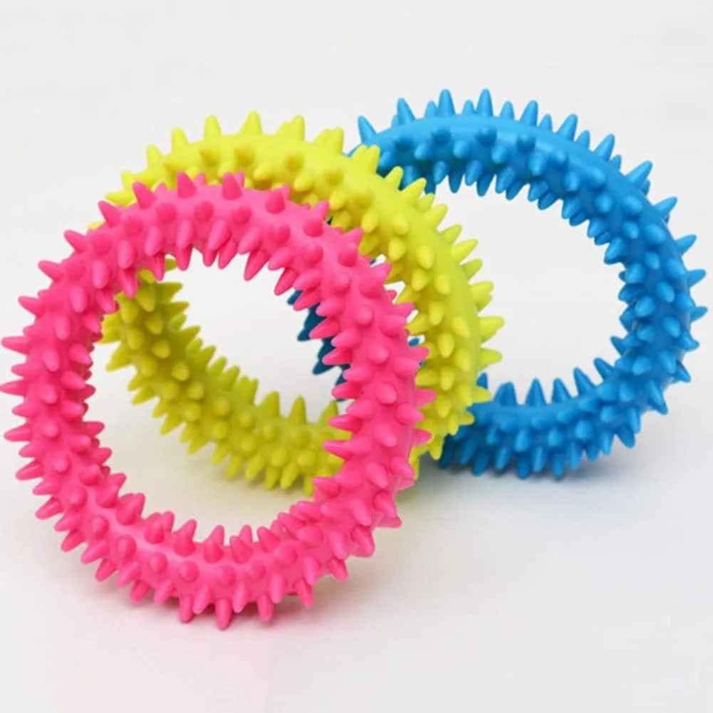 TPR spiky circle ring dog chew toy with dental cleaning nubs in blue colour