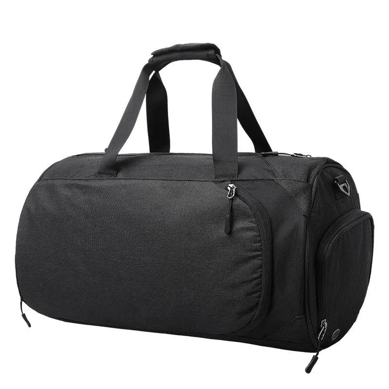 Men's oval travel bag in light grey showing internal compartments for wet-dry separation and organisation