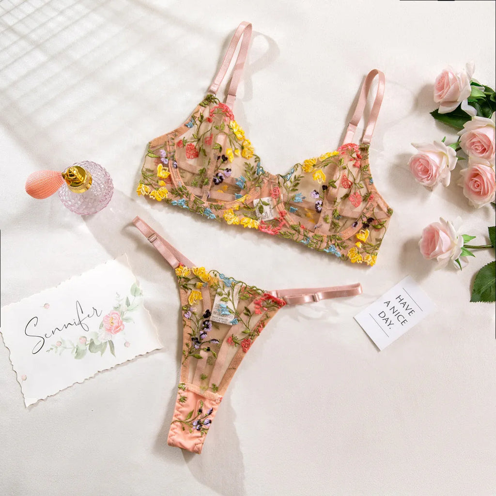 Women's floral bikini underwear set in skin colour, purple, black, yellow, and pink colour options.