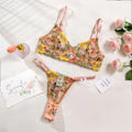Women's floral bikini underwear set in skin colour, purple, black, yellow, and pink colour options.