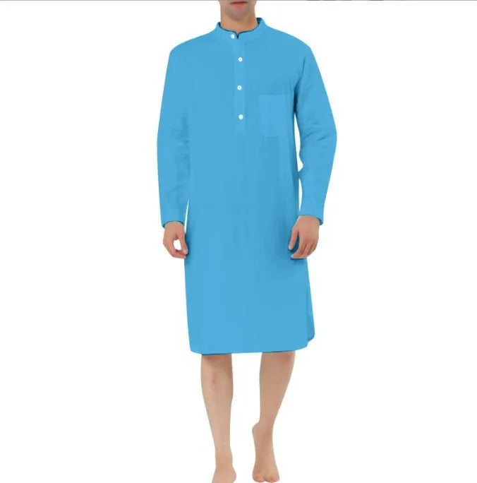 Men's button-front shirt robe in a cotton blend fabric with two front pockets