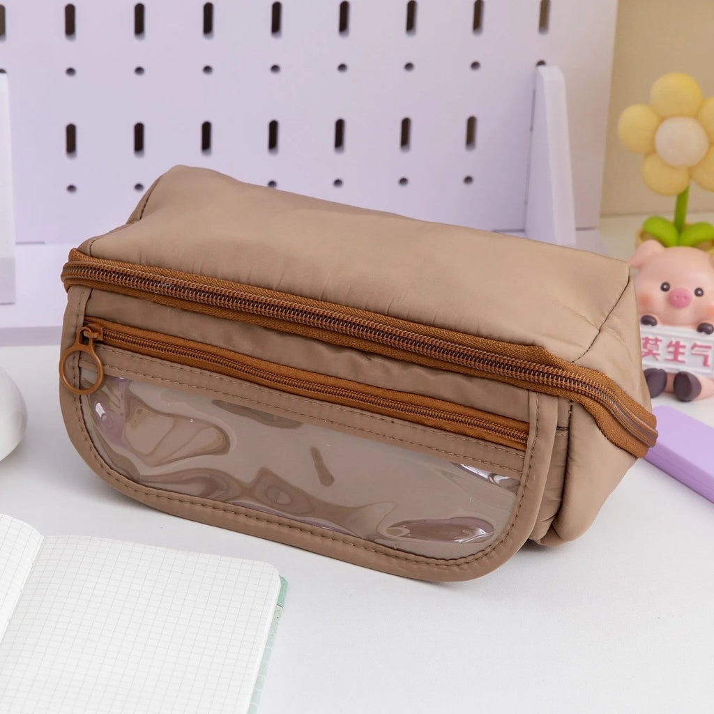Ten-layer flip canvas pencil case unfolded showing multiple compartments, in Latte Coffee Colour.