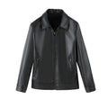 Men's black PU leather casual jacket with zip pockets and loose fit