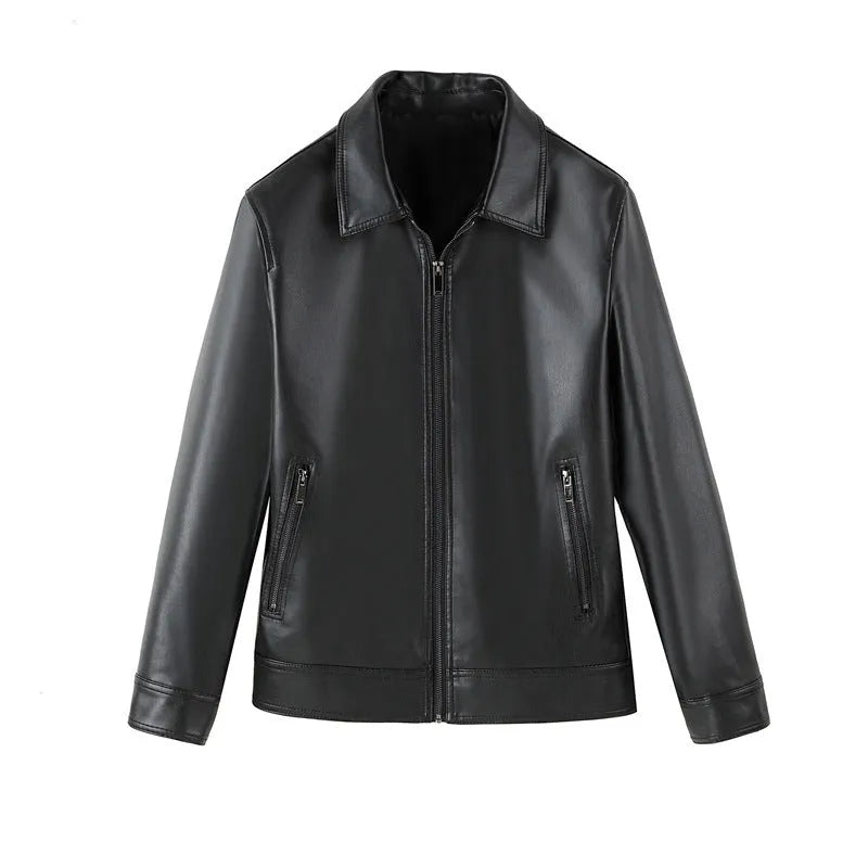 Men's black PU leather casual jacket with zip pockets and loose fit