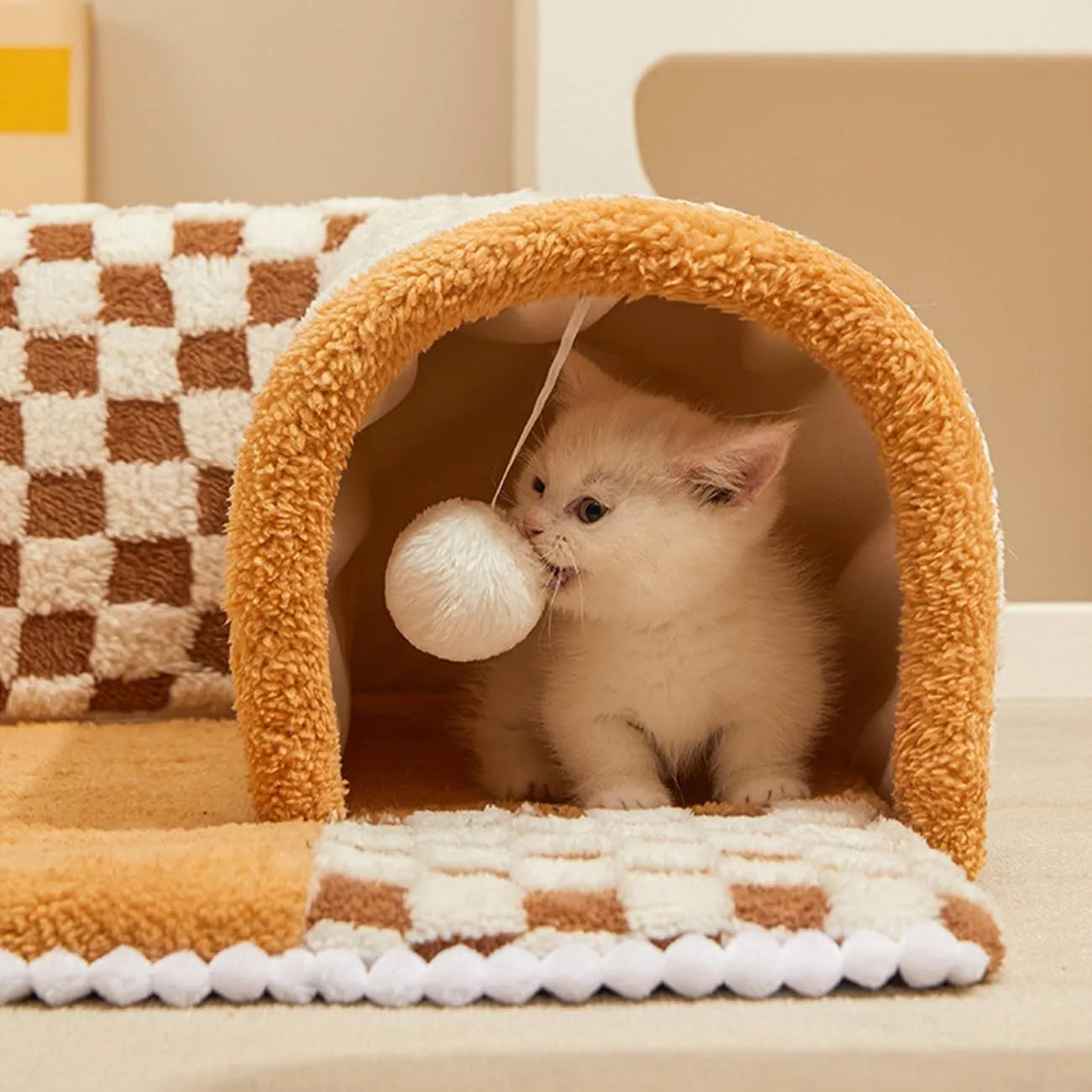 Fan-shaped plush pet bed with integrated tunnel, XL size 80cm, coffee colour with anti-slip base