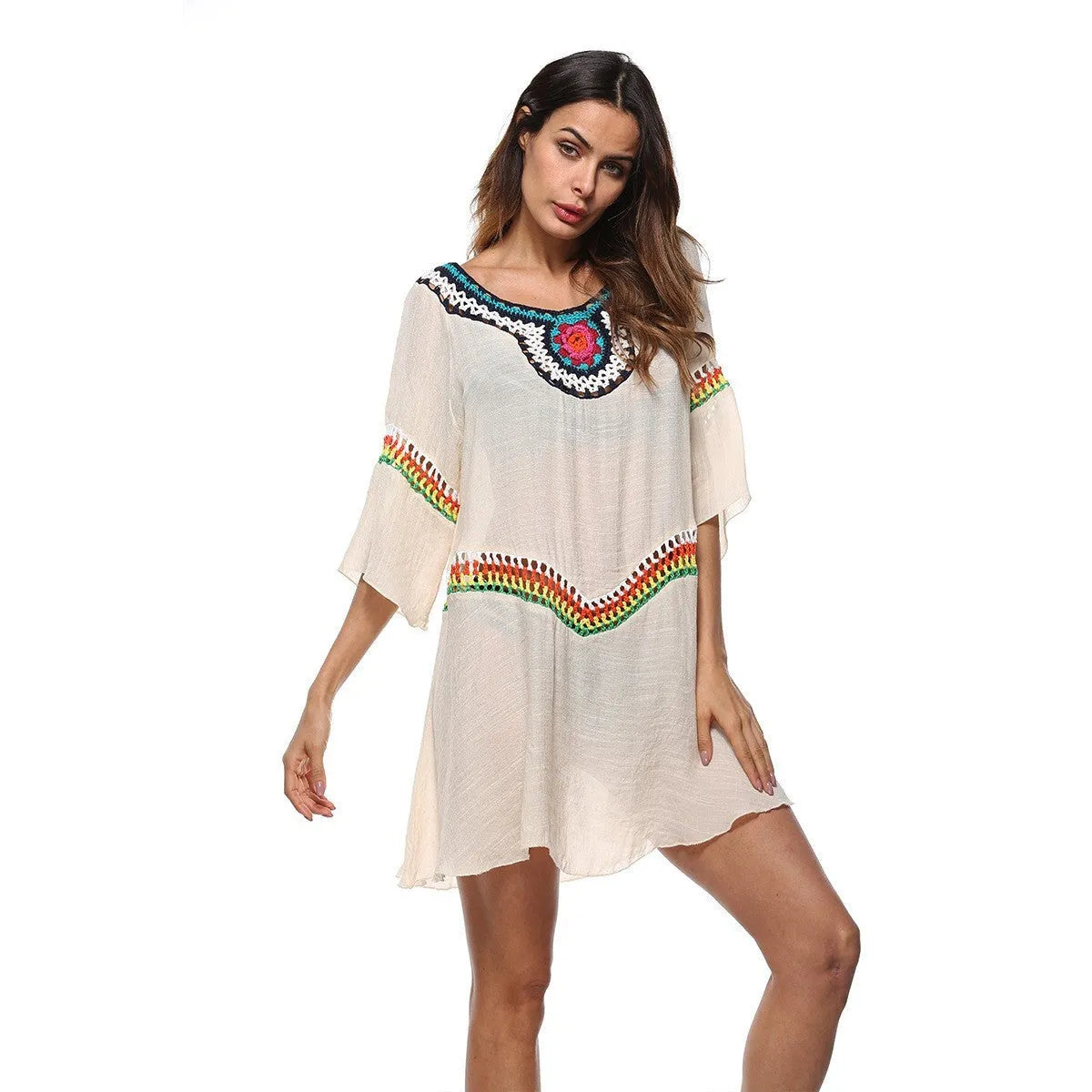 Crocheted ethnic style beach clothing set for women in acrylic fabric with sun protection for swimming