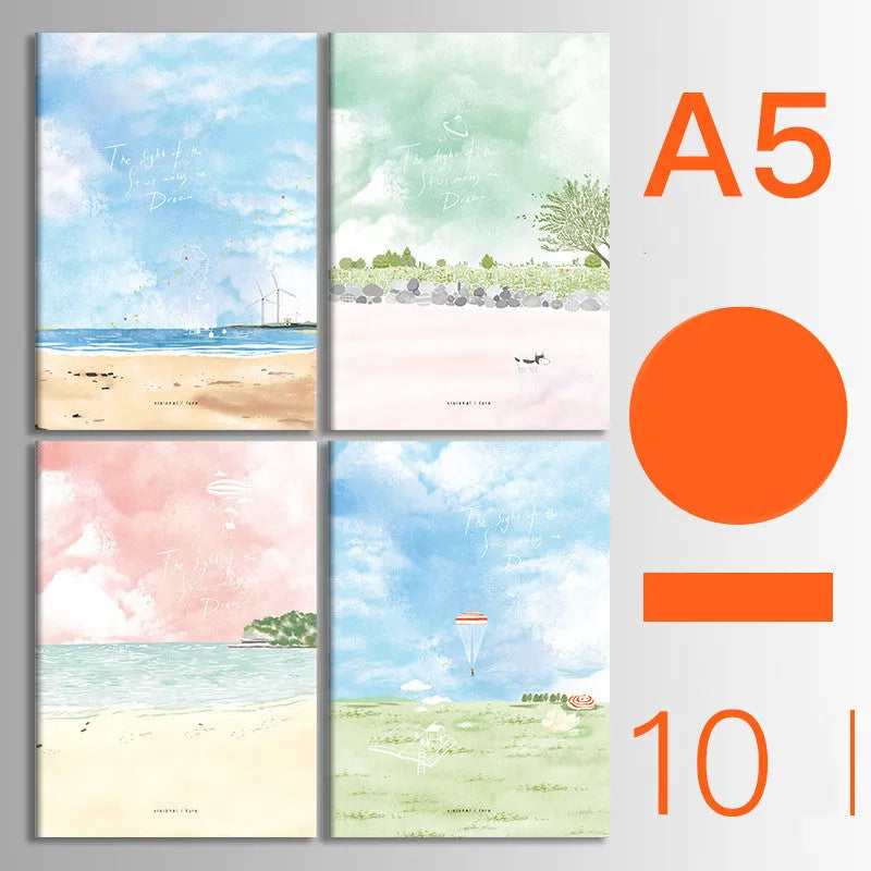 Set of 10 thread-bound softcover notebooks in various designs including kraft paper and printed patterns