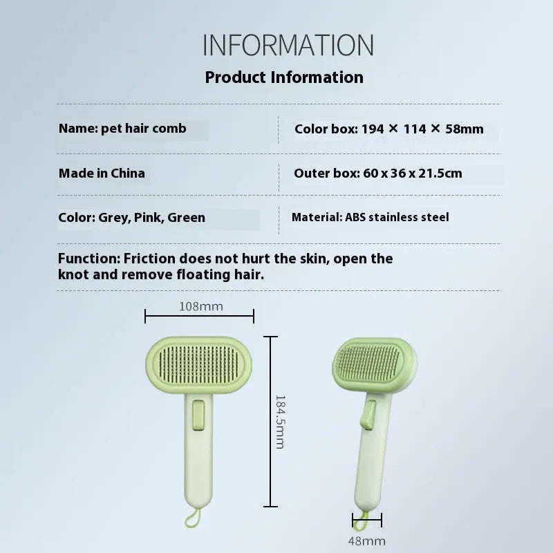 Large pet hair removal comb with stainless steel blades and ABS handle in light green