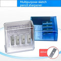 Four-hole plastic pencil sharpener with geometric design and screwdriver for blade replacement