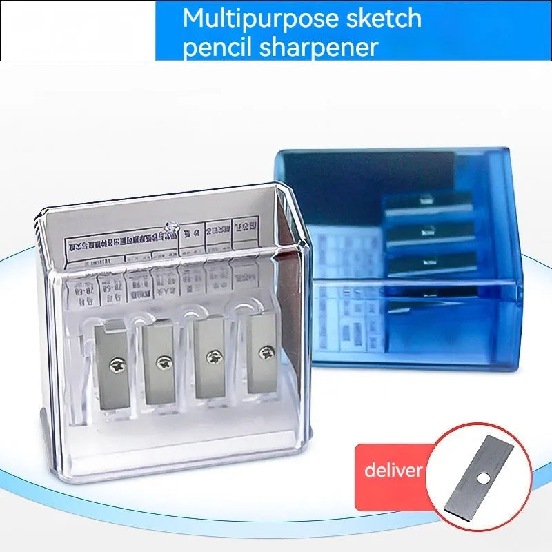 Four-hole plastic pencil sharpener with geometric design and screwdriver for blade replacement