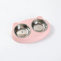 Blue macaron-shaped plastic pet feeding tray with two bowls for cats and small dogs on a white surface