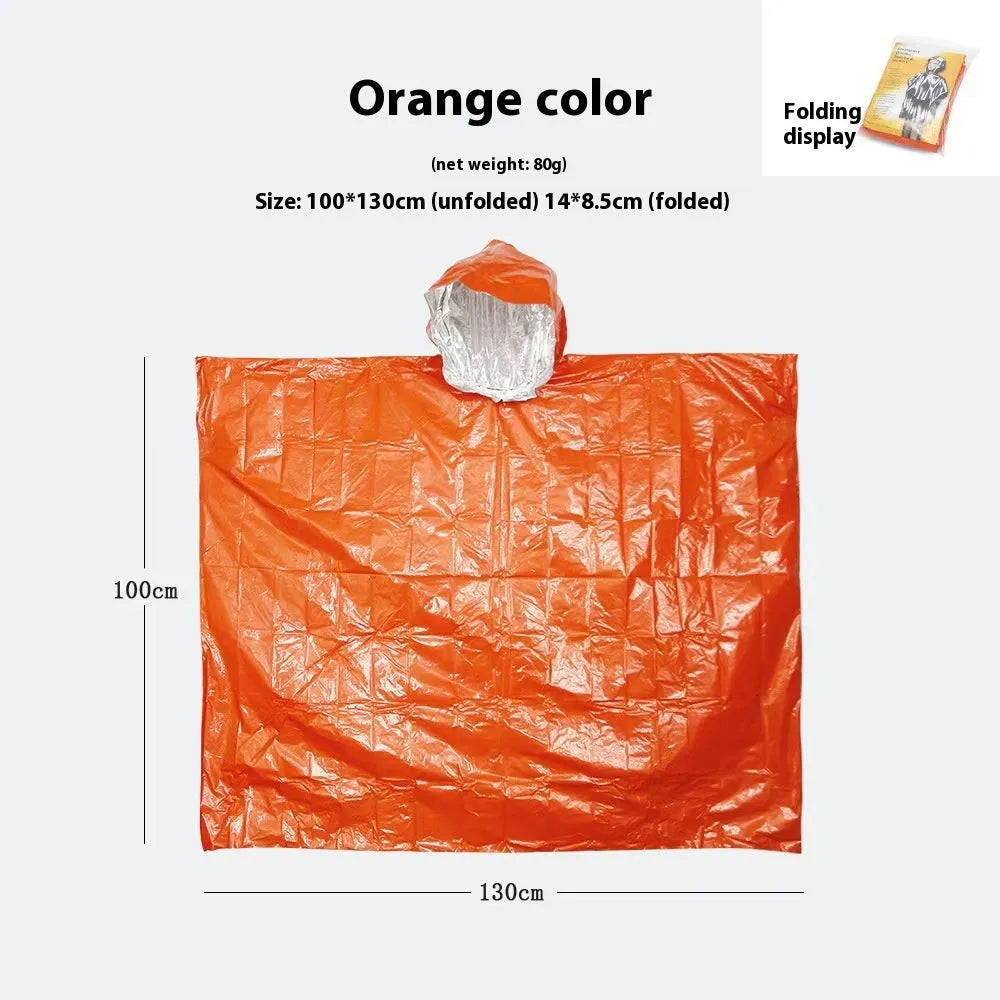 Orange or army green Marathon raincoat laid flat showing its 100x130cm size for one person.