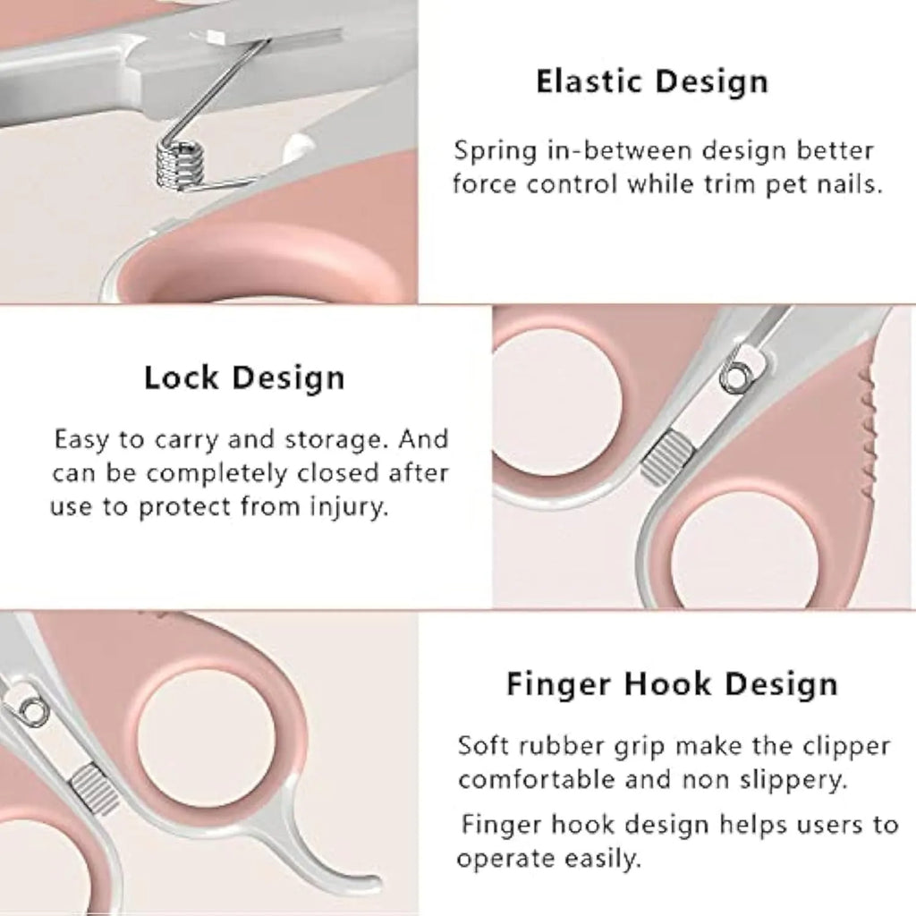 Grey and pink pet nail clippers with angled blade and safety lock for cats and small animals.