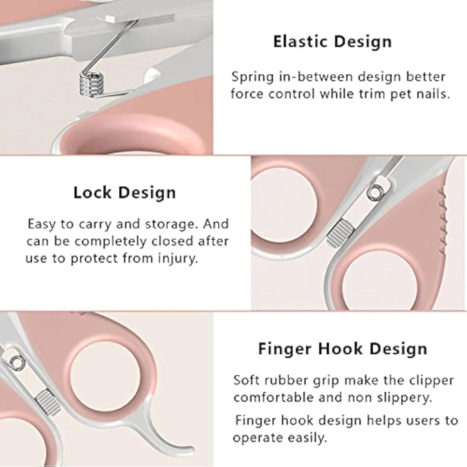 Grey and pink pet nail clippers with angled blade and safety lock for cats and small animals.
