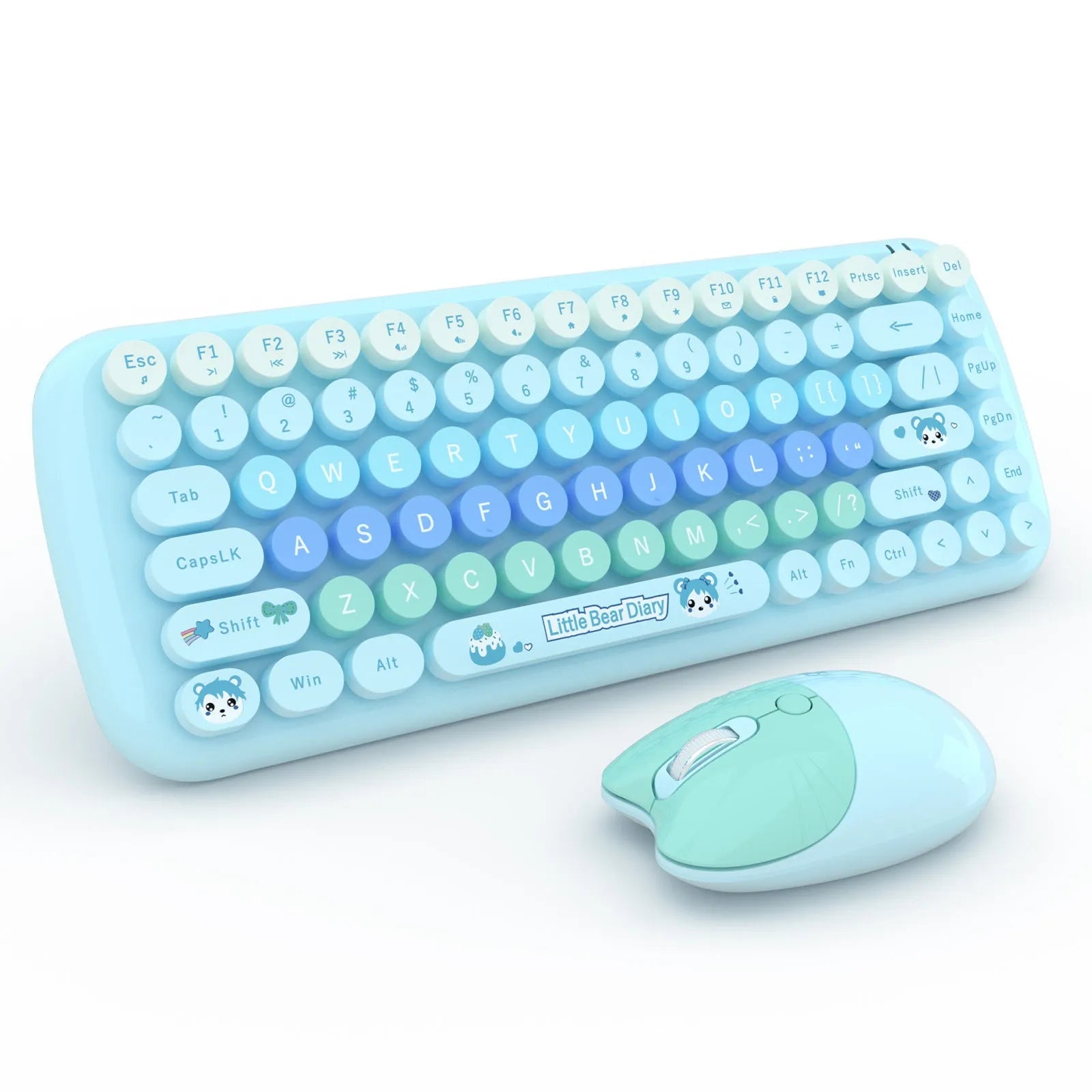 Pink miniature cartoon wireless keyboard and mouse set with USB receiver on desk