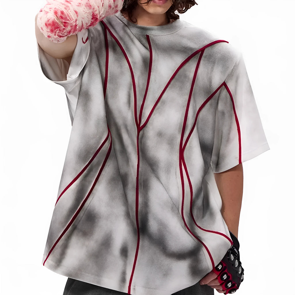 Women's padded shoulder short sleeve T-shirt with three-dimensional line patchwork and round neck collar