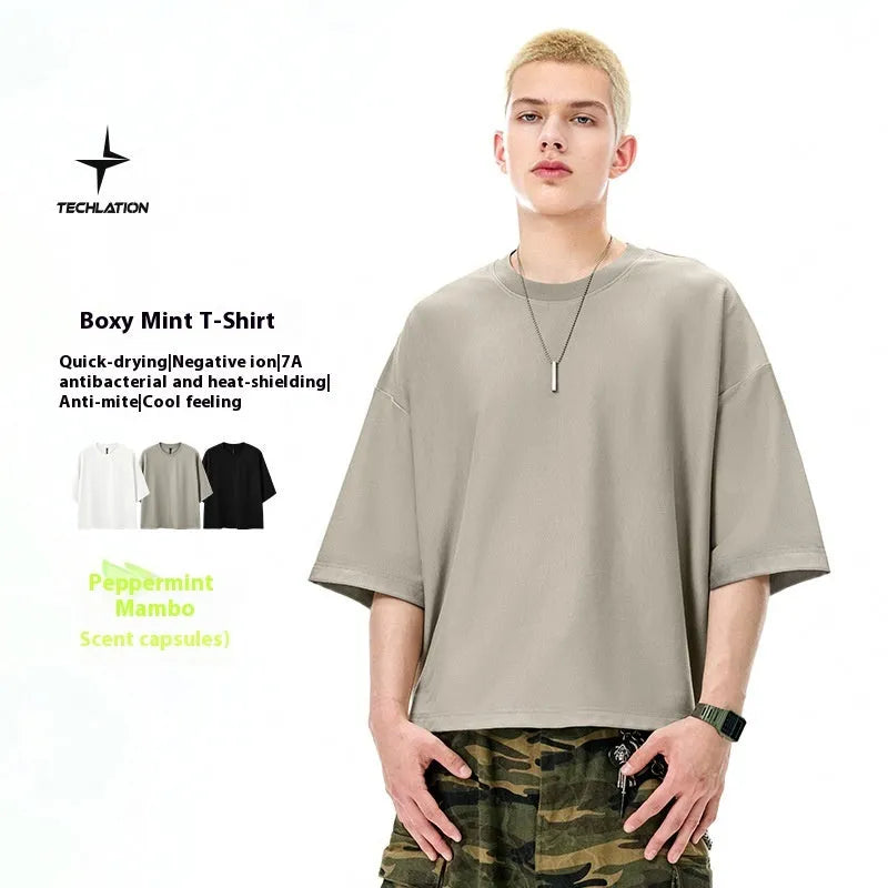 Men's sand grey loose fit short sleeve pullover t-shirt with quick-drying cotton polyester fabric